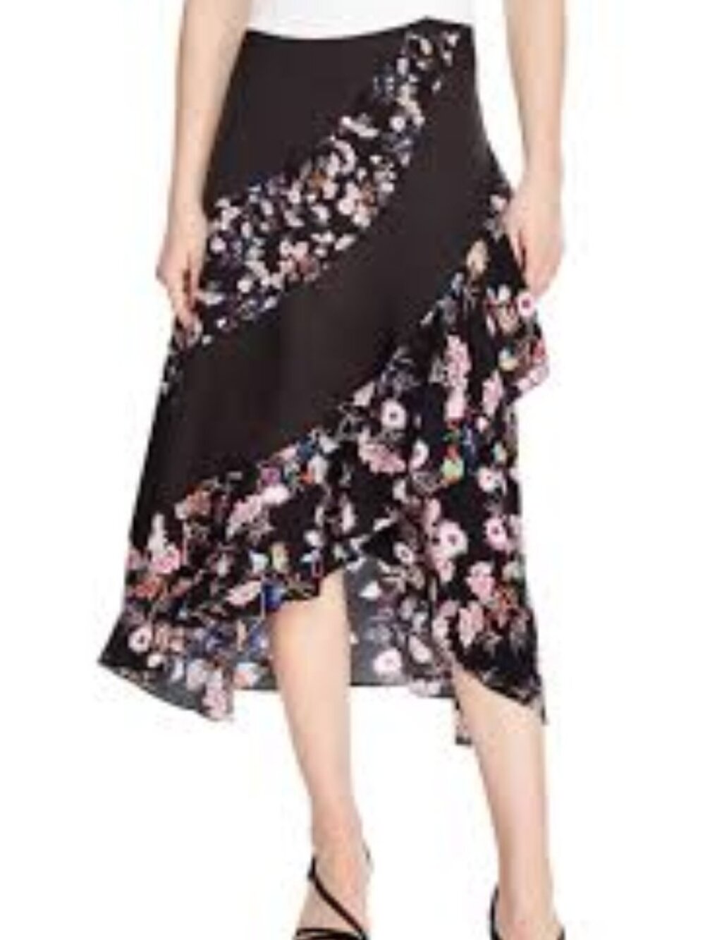 Sandro Kylie Ruffled Asymmetric Floral Skirt In Black side zip midi  size 0 /XS